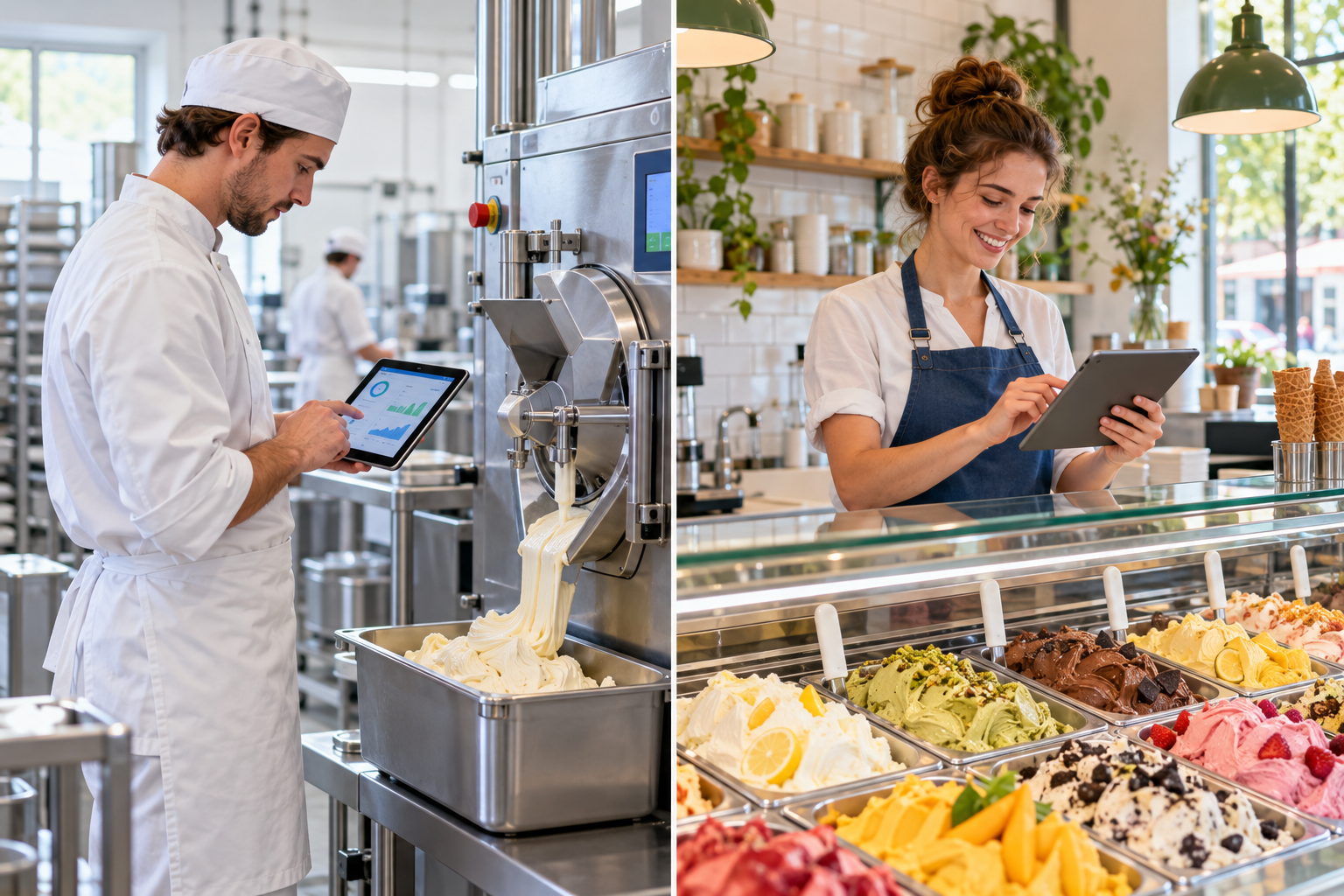 IJsbereider bij de ijsmachine en medewerker achter een ijsvitrine gebruiken een tablet